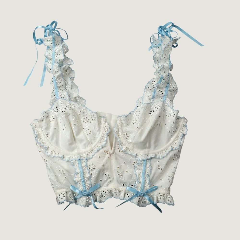 For Love & Lemons Eyelet Corset Top Size M White Blue Ribbon SKBR1513-SU21